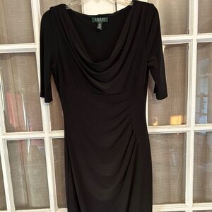 Lauren Ralph Lauren Black Short Sleeve Dress Gathered Waist Draped Neck Midi
